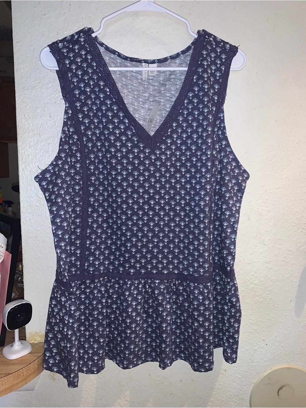 Cato Navy Printed V-Neck Peplum Tank Top